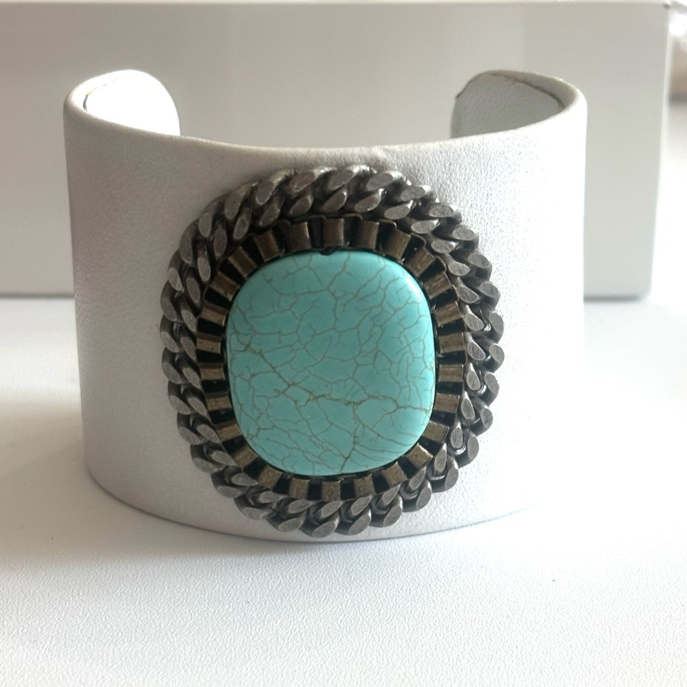 Turquoise Full Moon White Leather Cuff Bracelet